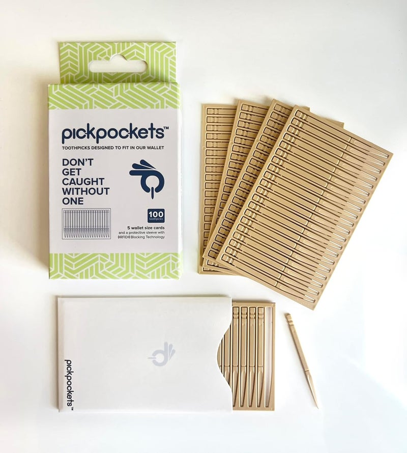 pickpockets ® 100 count – First interdental toothpicks designed to fit and travel with us in our wallet for an easy access to a dental pick – includes a RFID blocking protective card sleeve - Image 1